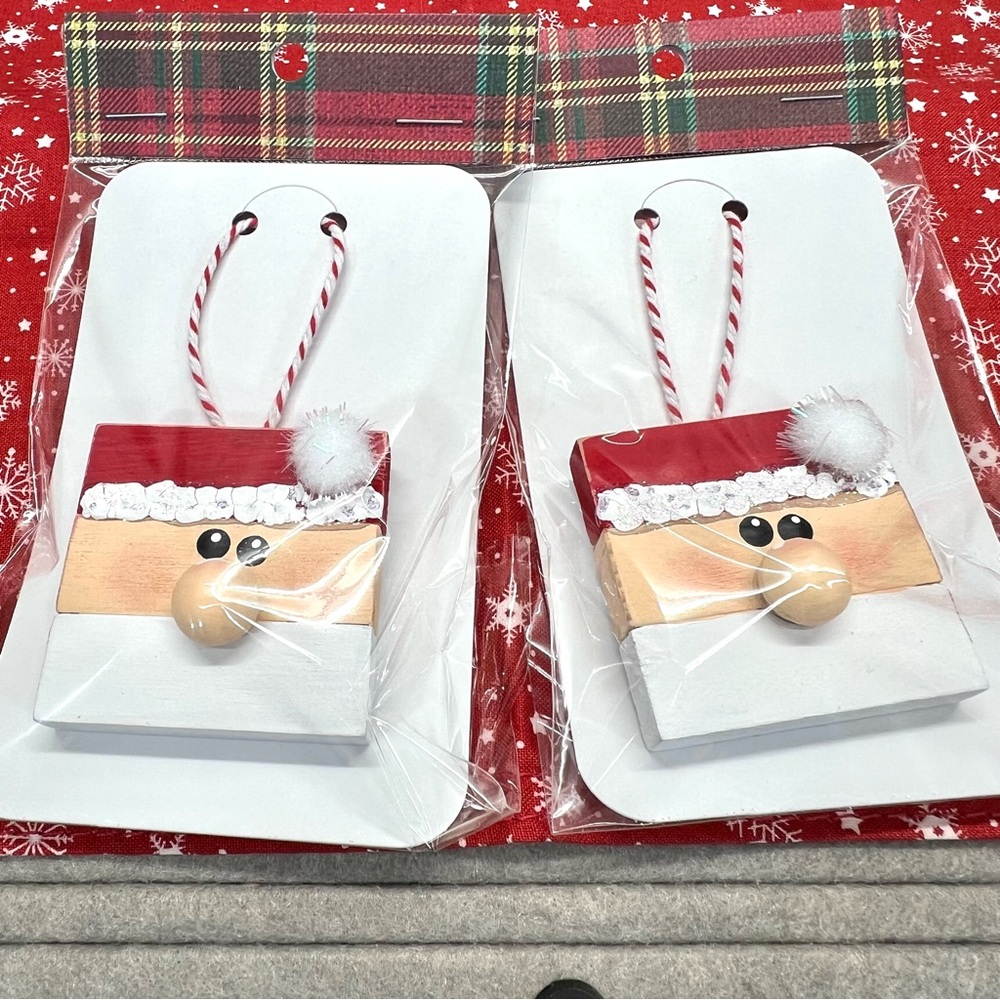 Santa Hand crafted Wooden 3D Ornament Set of 2 NEW IN PKG